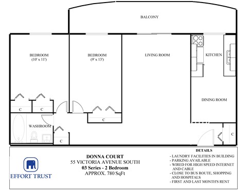 Floor plan for 2 beds, 1 bath, 580 sqft